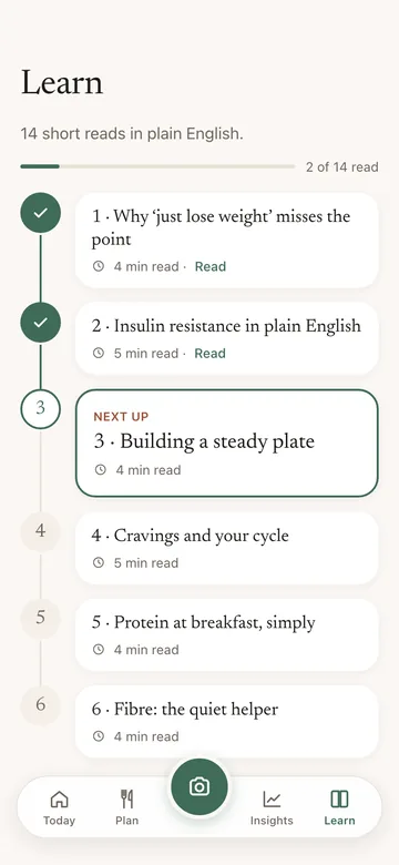 Ovelle Learn screen: a path of short lessons, with 'Building a steady plate' up next.