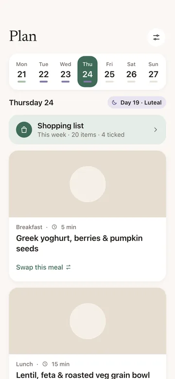 Ovelle Plan screen: a week view with Greek yoghurt, berries and pumpkin seeds for breakfast and a lentil, feta and roasted veg grain bowl for lunch.