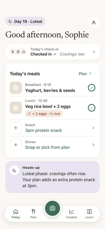 Ovelle Today screen: day 19 of the cycle, luteal phase, with today's meals and a check-in marked done.